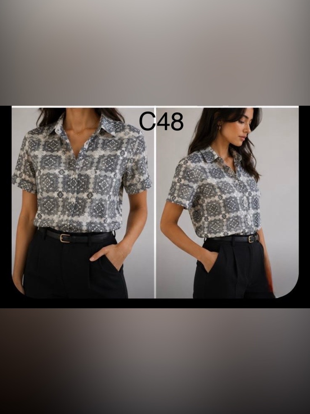 J. Crew Elegant Printed Short Sleeve Button-Down Shirt - Gray,Size 4